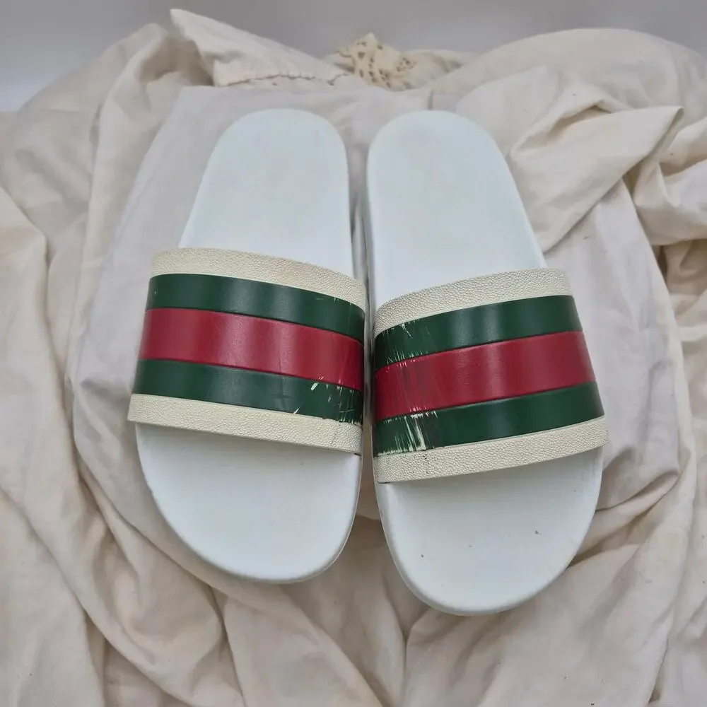GUCCI Pursuit Stripes White Pool Slides 27 Gucci Web Mens Size US 8